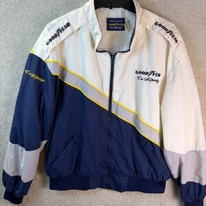 Vintage Goodyear Racing Jacket Mens XL White Blue Embroidered USA Made Full Zip